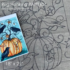 May include: A rug hooking pattern on burlap fabric featuring a pumpkin with vines and birds. The pattern is 18 inches by 21 inches.