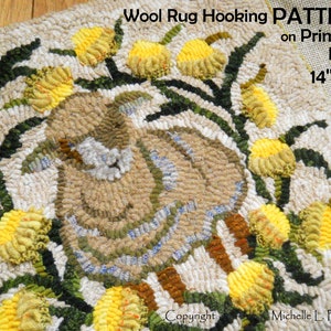 Hand drawn PATTERN on 100% primitive linen foundation cloth RUG HOOK Hooking Michelle Palmer Brown Sheep Dandelion Flower Patch Wreath