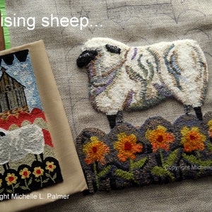 May include: Two needlepoint rug designs featuring sheep and flowers. The first design shows a white sheep standing in a field of yellow flowers. The second design shows a white sheep standing in a field of yellow flowers with a red barn and an American flag in the background. The text "Raising sheep..." is at the top of the image. The text "Copyright Michelle L. Palmer" is at the bottom of each design.