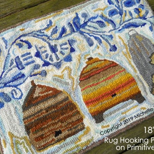 Prim Wool RUG HOOK Hooking PATTERN Hand drawn 100% primitive linen Michelle Palmer Bee Skep Hive Flow Blue Floral Pattern Honeybee House