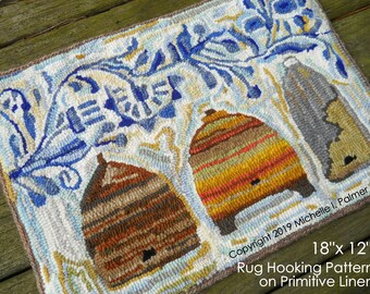 Prim Wool RUG HOOK Hooking PATTERN Hand drawn 100% primitive linen Michelle Palmer Bee Skep Hive Flow Blue Floral Pattern Honeybee House