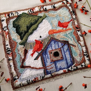 White Birch Branches Snowman Red Cardinals Birds Blue Birdhouse Winter Punch Needle Embroidery DIGITAL Jpeg and PDF PATTERN Michelle Palmer