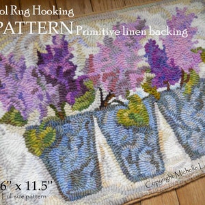 May include: Wool rug hooking pattern for a rug depicting three blue flower pots with purple flowers. The pattern is 16 inches by 11.5 inches and is for a full size rug. The pattern is on a primitive linen backing. The text "Wool Rug Hooking PATTERN Primitive linen backing" and "16" x 11.5" Full size pattern" is visible in the image. The text "Copyright Michelle L. Palmer" is also visible in the image.