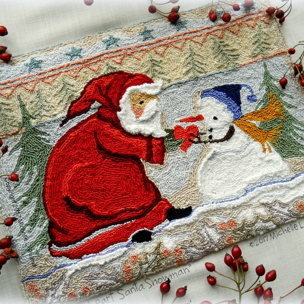 Punch Needle Embroidery Pattern DIGITAL Instant DOWNLOAD Jpeg and PDF files Michelle Palmer Heart to Heart Santa Claus Snowman Christmas Joy
