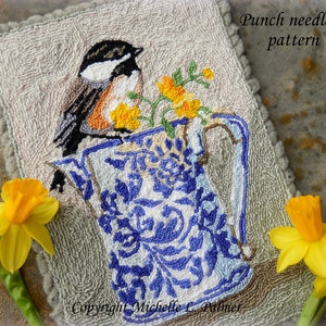 Punch Needle DIGITAL Download Jpeg and PDF PATTERN Embroidery floss model Michelle Palmer Buttercups Flow Blue Creamer Perch Chickadee Bird