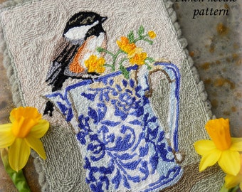 Punch Needle DIGITAL Download Jpeg and PDF PATTERN Embroidery floss model Michelle Palmer Buttercups Flow Blue Creamer Perch Chickadee Bird