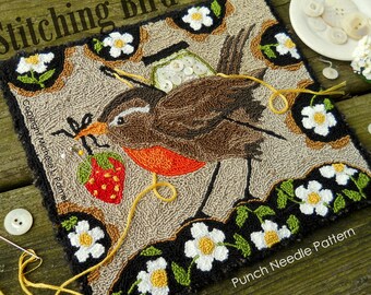 Punch Needle Embroidery DIGITAL Download Jpeg and PDF PATTERN Michelle Palmer Stitching Bird Jar Buttons Emery Strawberry White Flowers