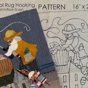 May include: A wool rug hooking pattern on primitive linen measuring 16" x 24". The design features a person in a yellow coat and hat holding a pipe, standing next to a basket and a small animal. Text reads: Wool Rug Hooking PATTERN 16" x 24".