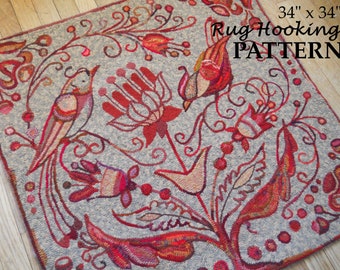 Hand drawn PATTERN on 100% primitive linen RUG HOOK Hooking Michelle Palmer Perched Garden Fraktur Birds Flowers Folk Redwork Love Valentine