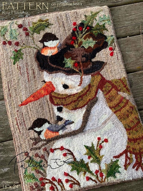 PATTERN RUG HOOKING Pattern is hand drawn on 100% prim linen Michelle Palmer Chickadee Perch Snowman Winter Christmas Birds Top Hat Holly
