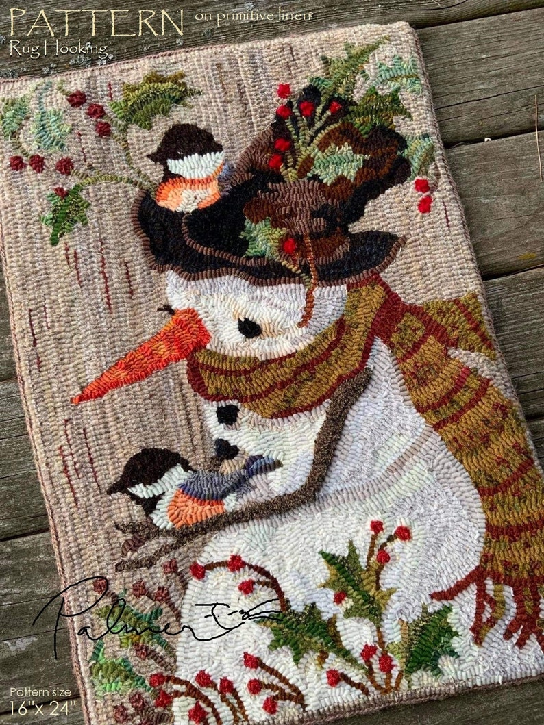 May include: A rug hooking pattern featuring a snowman with a hat, scarf, and birds. The pattern is on primitive linen and measures 16 inches by 24 inches. The pattern is titled "Pattern on primitive linen Rug Hooking".
