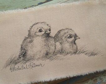 Michelle Palmer Fine Art Ink Illustration on Tea-Stained Cotton Baby Birds Twins hopping around the garden in the grass calling their mom