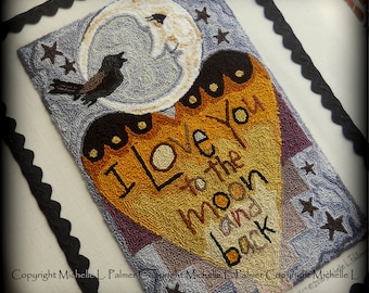 I love you to the moon black bird heart Punch Needle Embroidery DIGITAL Jpeg and PDF PATTERN Michelle Palmer Painting with Threads