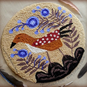 Punch Needle Embroidery DIGITAL Jpeg PDF PATTERN Michelle Palmer Feathered Folk Bird Prim Primitive Polka dot wings Blue blossom ferns