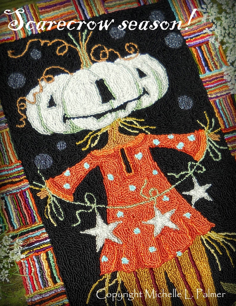 May include: A white pumpkin with a smiling face is dressed as a scarecrow with a red and white polka dot dress and straw-like hair. The scarecrow is holding a string of white stars. The background is a black and white checkered pattern with a colourful border. The text "Scarecrow season!" is at the top of the image. The text "Copyright Michelle L. Palmer" is at the bottom of the image.