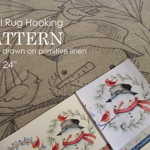 May include: Wool rug hooking pattern for a snowman with cardinals, hand drawn on primitive linen, 24 inches by 24 inches.