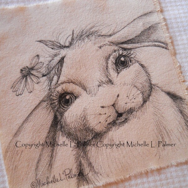 LARGE Michelle Palmer Fine Art Ink Illustration on Tea Stained Cotton Original Bunny Rabbit Hare Meadow Friend Daisy in her hair