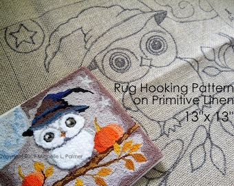 Prim Wool RUG HOOK Hooking PATTERN Hand drawn 100% primitive linen Michelle Palmer Harvest Moon Owl Pumpkins Perched on a Limb Starry Night