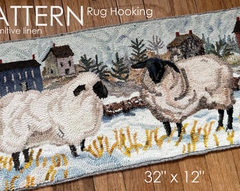 PATTERN for RUG HOOKING hand drawn 100% prim Primitive linen Michelle Palmer Winter Sheep Litchfield Meadow Folk New England landscape Home