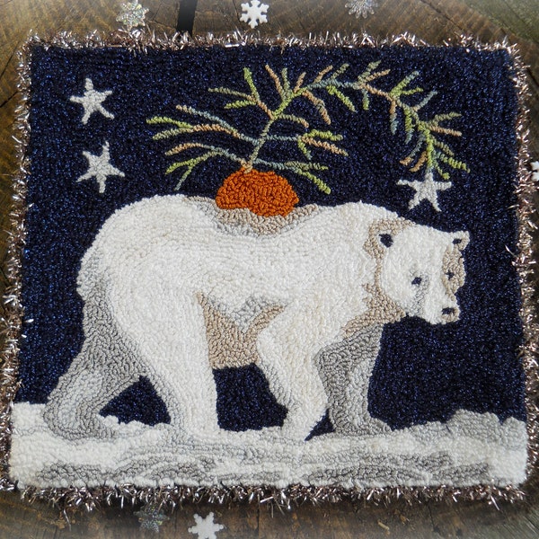 Punch Needle DIGITAL Download Jpeg and PDF PATTERN Embroidery floss model Michelle Palmer Polar Bear Pine Tree Winter Christmas Starry Night