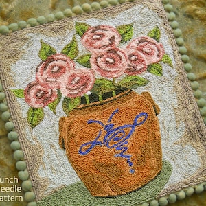 Punch Needle DIGITAL Download Jpeg and PDF PATTERN Embroidery floss model Michelle Palmer Bumble Bee Ranunculus Bean Pot Stoneware Flowers