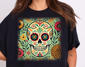 Dag van de Doden-shirt, Dia de los Muertos-shirt, Mexicaanse suikerschedelshirt, schedel bloemen Halloween-shirt, Mexicaanse schedel Halloween-shirt