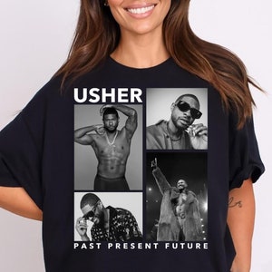 Può includere: T-shirt grafica in bianco e nero con un collage di immagini di Usher con il testo "USHER PAST PRESENT FUTURE".