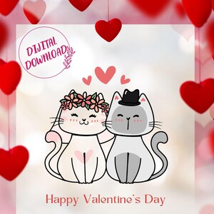 Gatti carini San Valentino PNG, biglietto di San Valentino stampabile, biglietto di gatto, biglietto per lui, suo marito, fidanzato, fidanzata, buon San Valentino