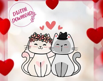 Cute Cats Valentines Day PNG, Printable Valentines Day Card, Cat card, Card for him her husband boyfriend girlfriend, Happy Valentines day
