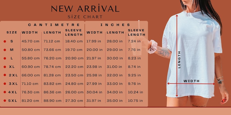 Puede incluir: Tabla de tallas para una camiseta blanca de gran tama&ntilde;o con medidas en cent&iacute;metros y pulgadas. La tabla muestra el ancho, la longitud y la longitud de la manga para las tallas S a 5XL.