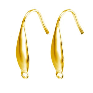 May include: A pair of gold-toned metal earring hooks featuring a smooth, elongated teardrop-shaped component at the base. Each hook has a curved wire top for insertion and a small circular loop at the bottom for attaching additional jewelry elements.