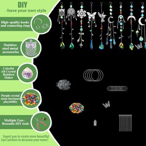 May include: A collection of sun catchers with various designs, including an owl, snowflake, butterfly, and moon. Each sun catcher features colorful crystal pendants and beads. The image also shows DIY tools, hooks, and accessories for creating sun catchers.