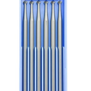 May include: A set of six silver rotary burrs presented in a blue plastic case. Each burr features a cylindrical shaft and a triangular cutting head. These burrs are designed for precision work and are neatly arranged within the case.