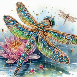May include: A detailed illustration of a bejeweled dragonfly with iridescent wings, set against a backdrop of a lotus flower and water. The dragonfly features gold accents and is adorned with colorful gems. A smaller dragonfly is also present.