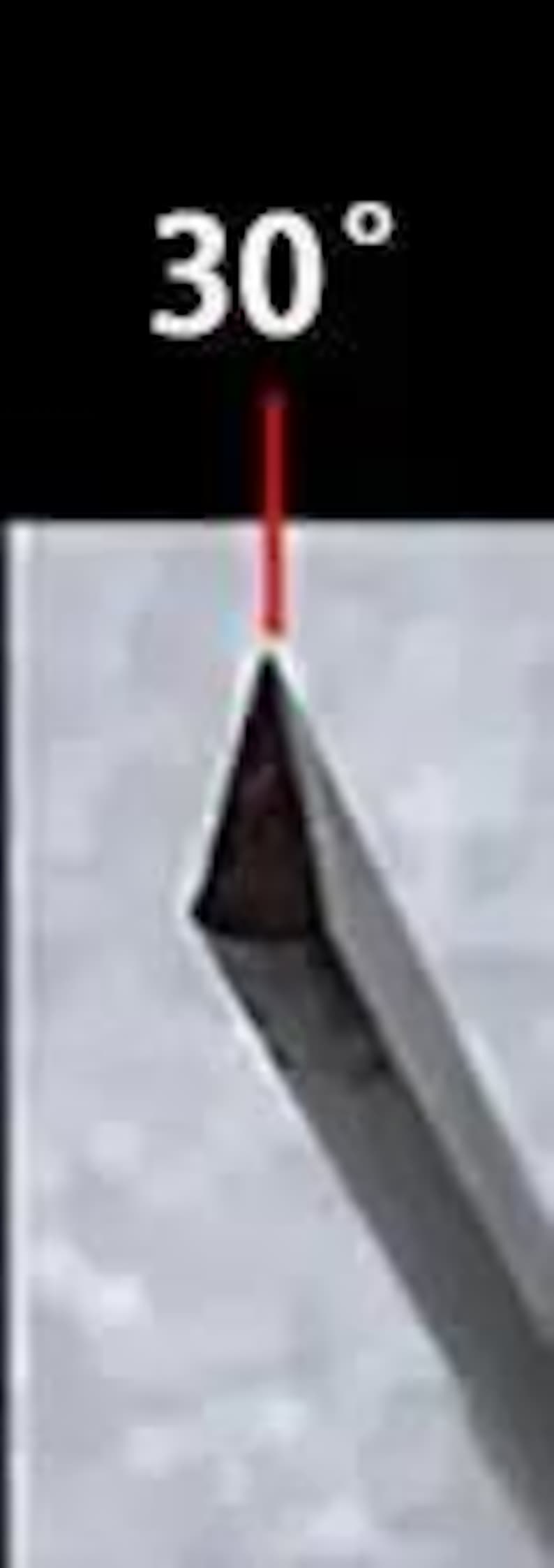 May include: A close-up of a metal rod with a 30-degree angle. The rod is positioned against a white background.