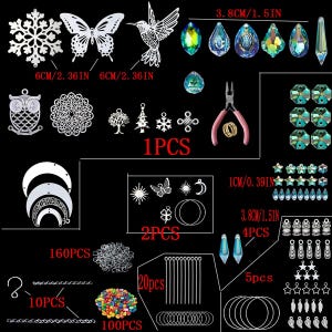 May include: A collection of jewelry-making supplies, including silver-colored charms, crystals, and beads. The image shows a variety of shapes, such as butterflies, snowflakes, and teardrops. Measurements are provided in inches and centimeters.