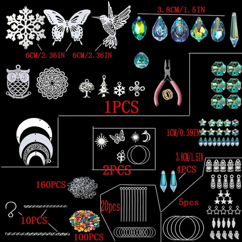 May include: A collection of jewelry-making supplies, including silver-colored charms, crystals, and beads. The image shows a variety of shapes, such as butterflies, snowflakes, and teardrops. Measurements are provided in inches and centimeters.