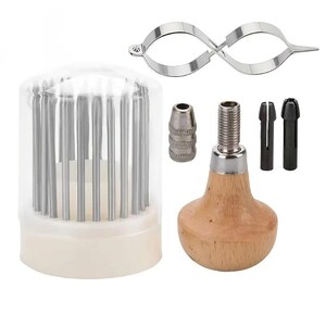 May include: A set of jewellery making tools including a clear plastic container filled with multiple metal needles, a silver infinity-shaped metal calliper, a wooden mushroom-shaped handle with a threaded metal top, a metal chuck, and two black collets.