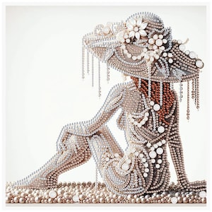 May include: An artwork depicting a seated figure, entirely composed of pearls. The figure wears a large hat and clothing, all intricately detailed with pearls of different sizes and hues. The piece is set against a plain white backdrop.