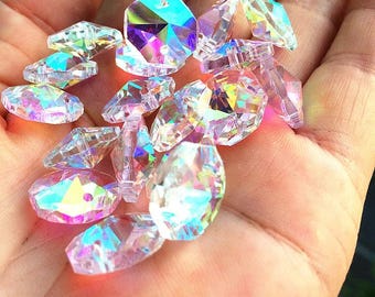 Chandelier Beads, 100Pcs, AB Color K9 Crystal, 2-Hole Sparkling Glass Prism Pendant Parts, Lamp, Suncatcher DIY Lighting Garland Accessories