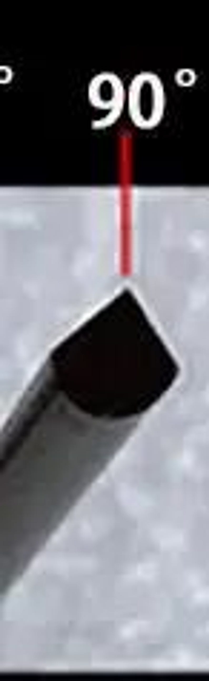 May include: A black metal rod with a rounded end, positioned at a 90 degree angle. A red laser beam is shining on the rod.