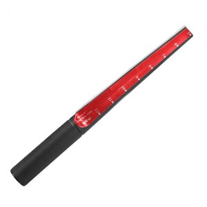 May include: A black tapered wax ring mandrel featuring a red measuring strip along the side. The strip displays white numerical markings from 5 to 12, indicating ring sizes. The base of the tool is a solid black cylinder for a secure grip.