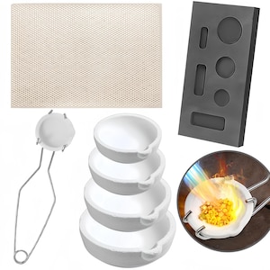 May include: A set of jewelry casting tools including a rectangular honeycomb soldering board, a dark gray graphite ingot mold, four white ceramic melting crucibles of varying sizes, and a metal crucible holder with a white ceramic dish.