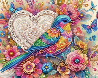 Könnte beinhalten: Ein farbenfroher, mit Juwelen besetzter Vogel, der inmitten von leuchtenden Blumen und Schmetterlingen sitzt. Der Vogel hat einen Regenbogen aus Farben, mit blauem Schwanz und Kopf. Ein weißes Spitzenherz befindet sich im Hintergrund.