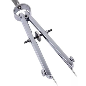 May include: A silver-colored compass, a drafting tool, is displayed against a white background. The compass has two adjustable legs with sharp points, a central adjustment wheel, and a handle. It is designed for drawing circles and arcs.