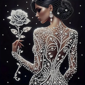 Op de afbeelding: Een elegante illustratie van een vrouw in een sprankelende jurk, met een diamanten roos. De jurk heeft ingewikkelde kristallen versieringen, met een bloemenpatroon op de rug. De afbeelding is tegen een zwarte achtergrond, met verspreide diamantaccenten.