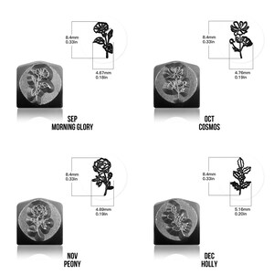 Pode incluir: Quatro carimbos de metal com desenhos florais, cada um com um contorno e medidas. Os carimbos s&atilde;o rotulados com os meses de setembro (Morning Glory), outubro (Cosmos), novembro (Pe&oacute;nia) e dezembro (Azevinho). Cada carimbo tem 8,4 mm de largura.
