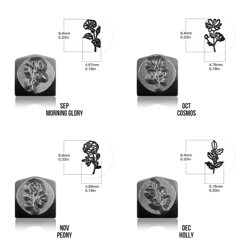 Pode incluir: Quatro carimbos de metal com desenhos florais, cada um com um contorno e medidas. Os carimbos s&atilde;o rotulados com os meses de setembro (Morning Glory), outubro (Cosmos), novembro (Pe&oacute;nia) e dezembro (Azevinho). Cada carimbo tem 8,4 mm de largura.