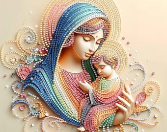 5D DIY Virgin Mary Diamond Painting Kit, Floral Religious Mosaic Art, Sparkling Crystals Rhinestones Embroidery, Home Wall Decoration Making