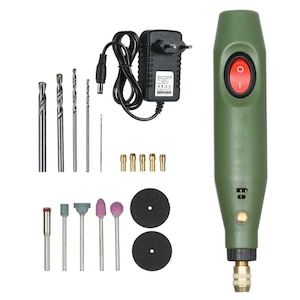 May include: A green rotary tool with a red power button, accompanied by various drill bits, grinding stones, and cutting discs. Includes a power adapter and cord for operation. Ideal for crafting and DIY projects.